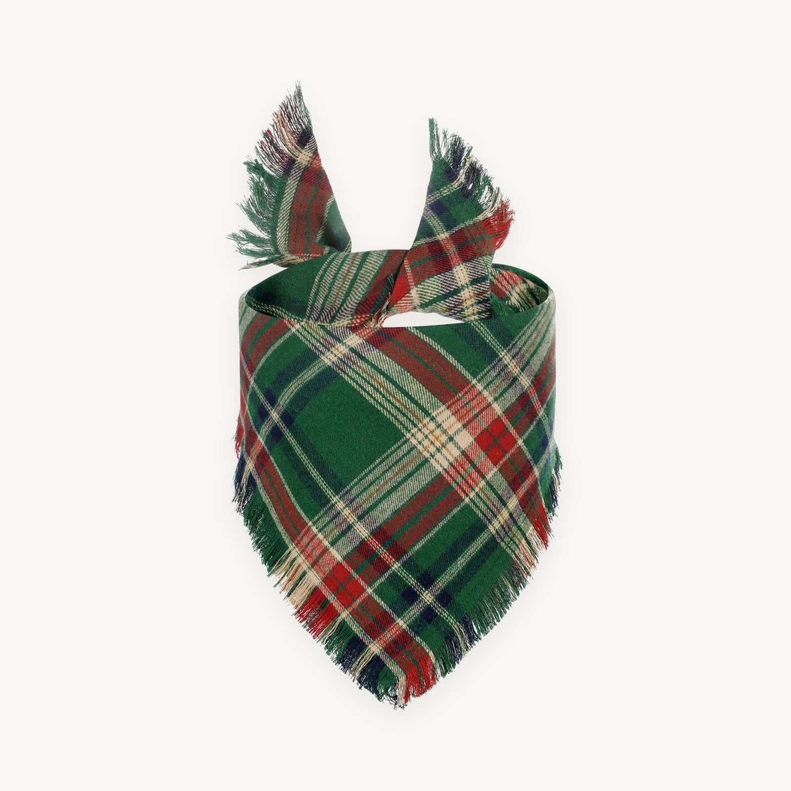 Green tartan cotton bandana with fringed edges, tied