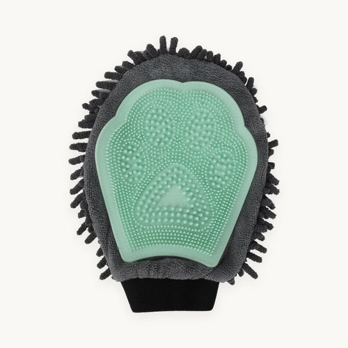 Green and grey double-sided bath and grooming glove