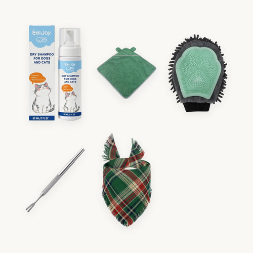 All five pieces of The After Walk Kit together: no-rinse foam, green drying towel, bath glove, stainless tick remover and green tartan bandana