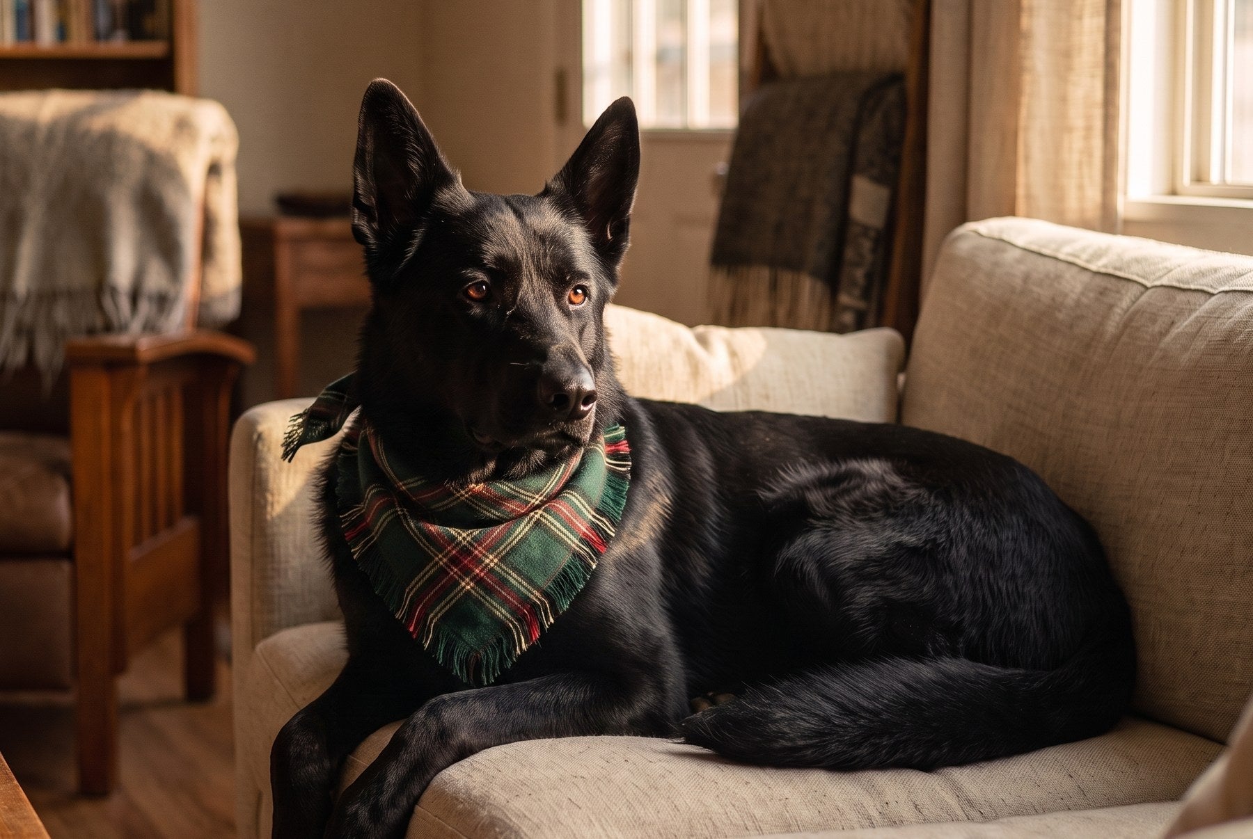 A clean, dry dog resting on a sofa in afternoon light