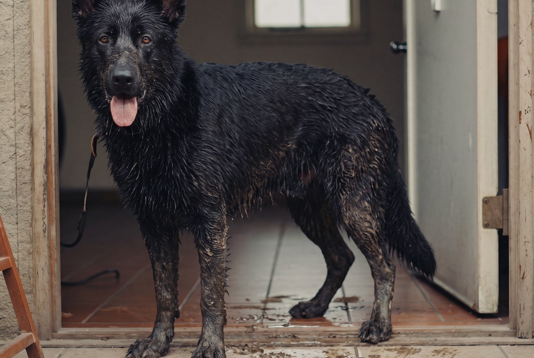 A wet, muddy dog standing in an open back doorway